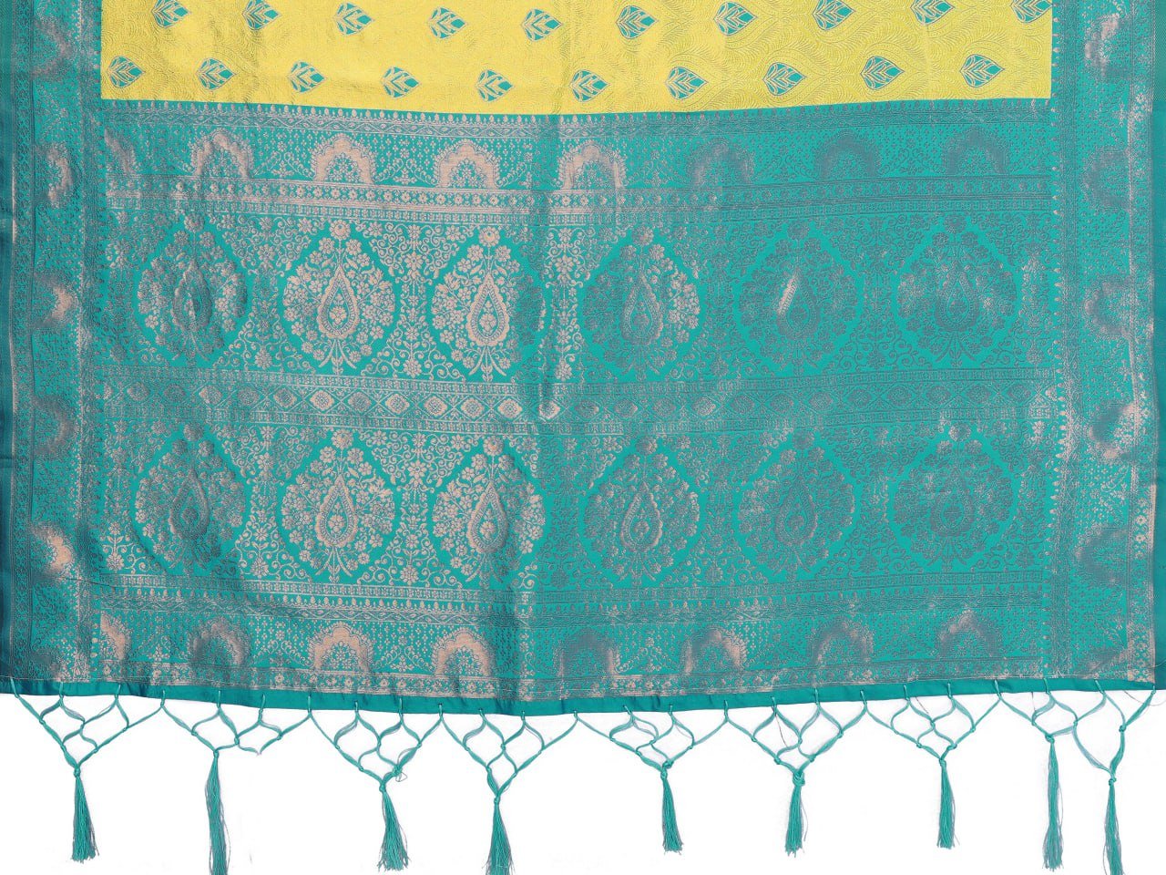 Pallu view of yellow and turquoise Banarasi silk saree featuring golden zari jacquard detailing