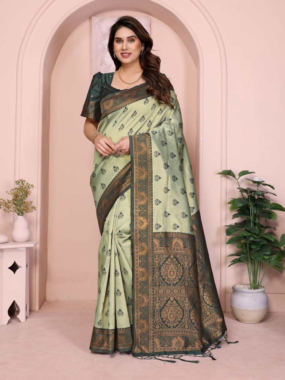 Leaf Green Banarasi Soft Silk Jacquard Border Saree