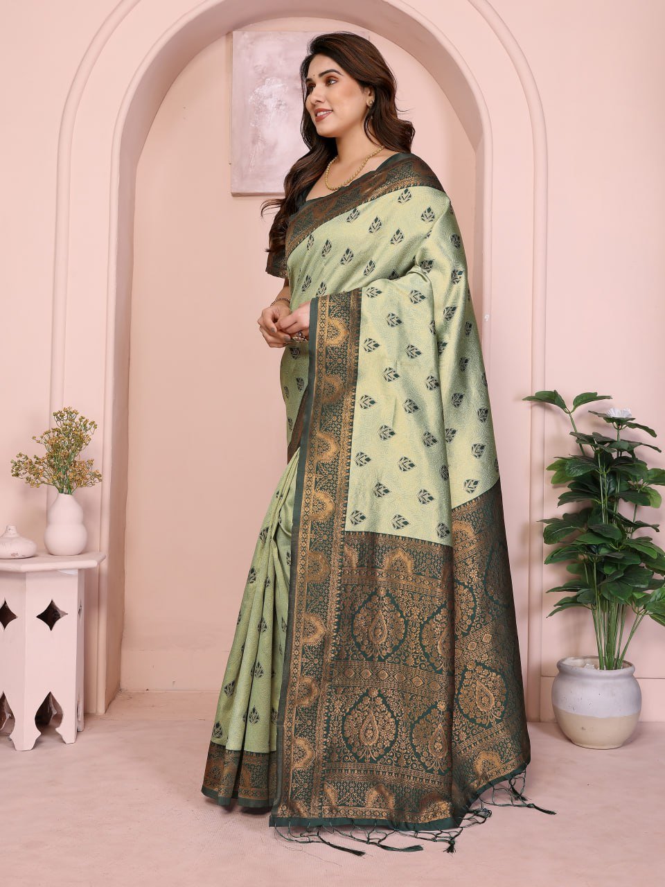 Leaf Green Banarasi Soft Silk Jacquard Border Saree