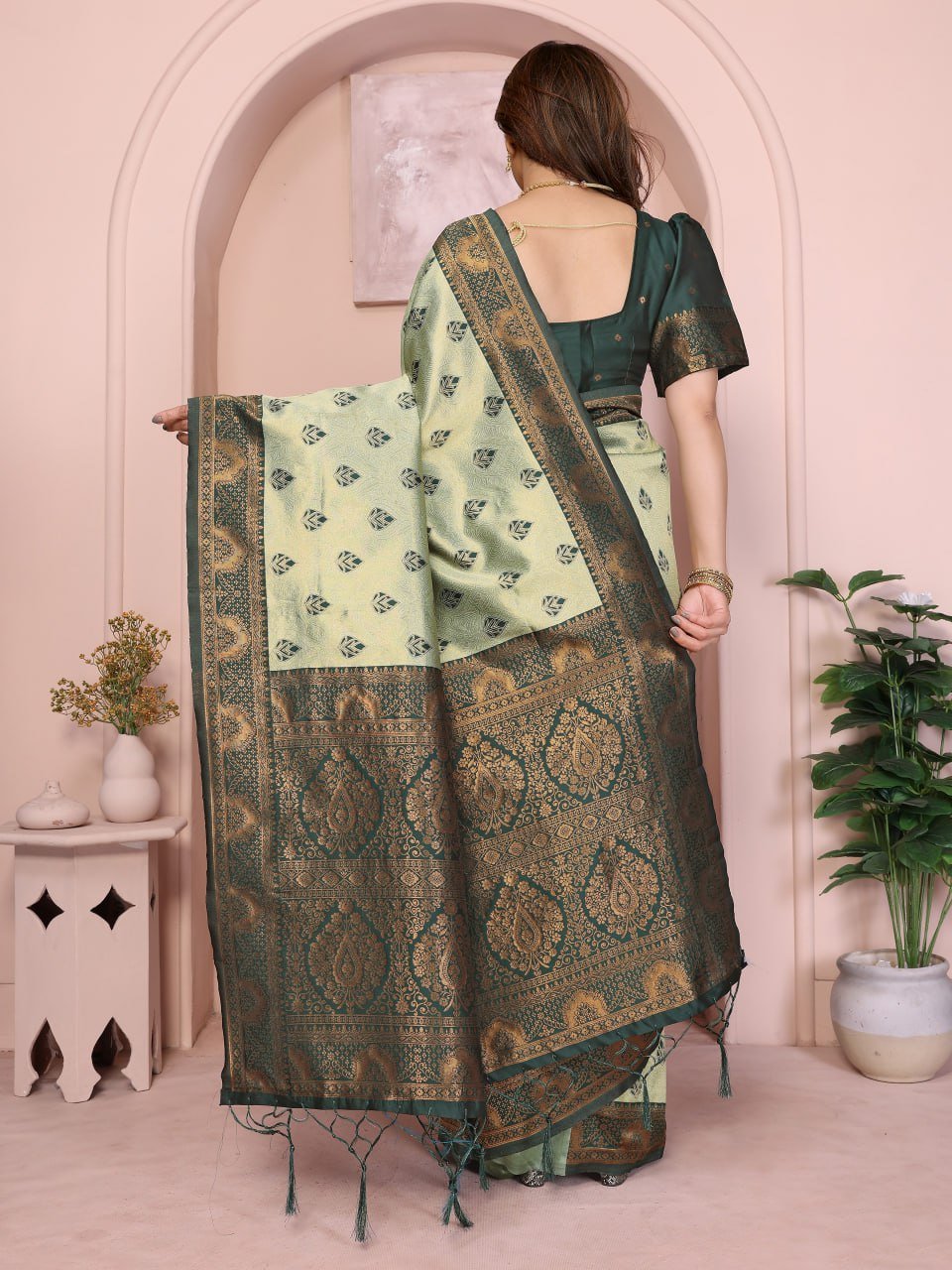 Leaf Green Banarasi Soft Silk Jacquard Border Saree