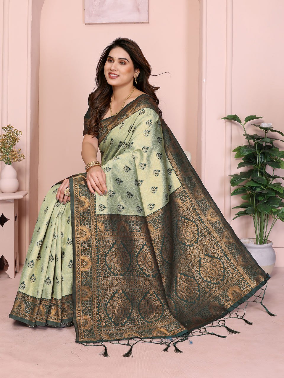 Leaf Green Banarasi Soft Silk Jacquard Border Saree