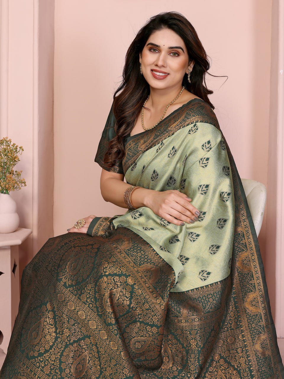 Leaf Green Banarasi Soft Silk Jacquard Border Saree