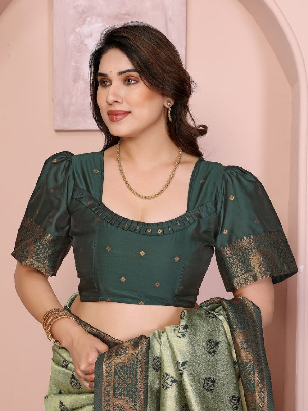 Leaf Green Banarasi Soft Silk Jacquard Border Saree