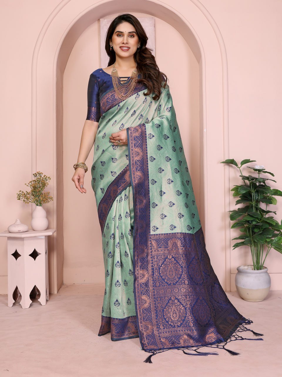 Sea Green Banarasi Soft Silk Jacquard Border Saree