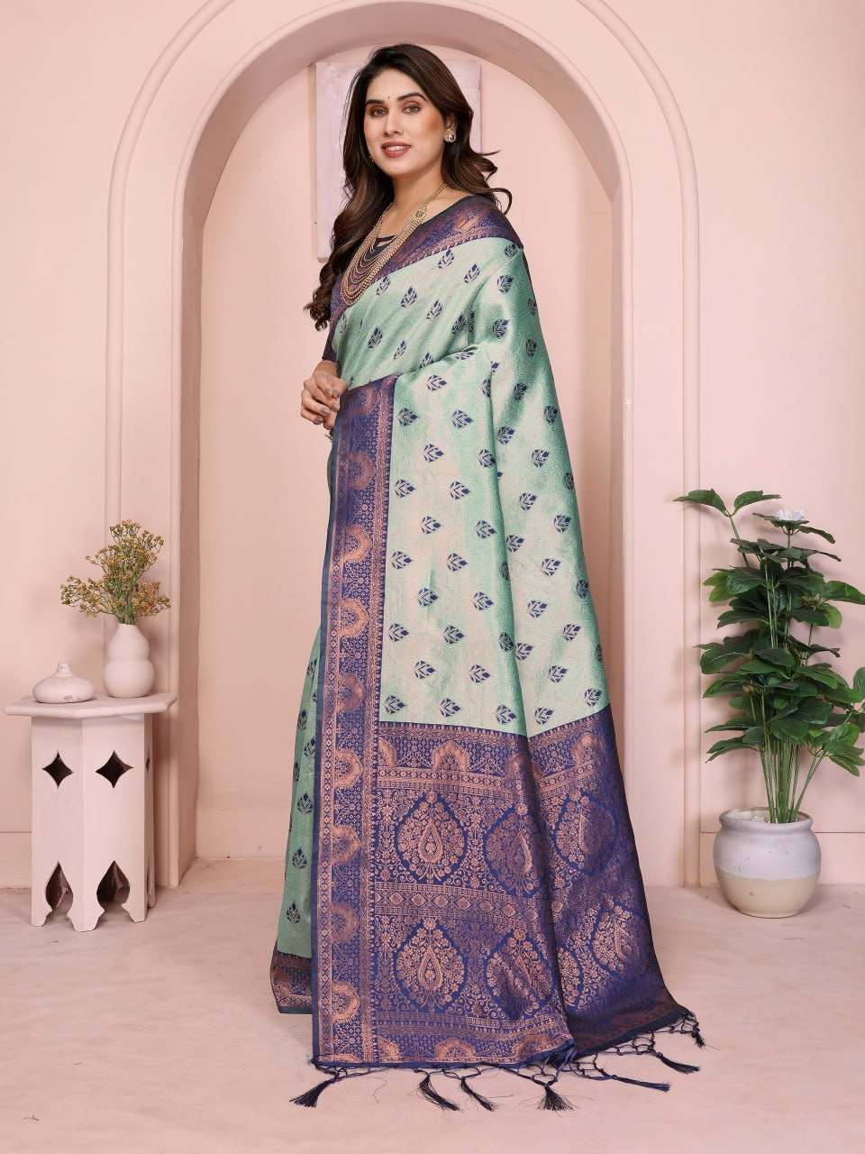 Sea Green Banarasi Soft Silk Jacquard Border Saree
