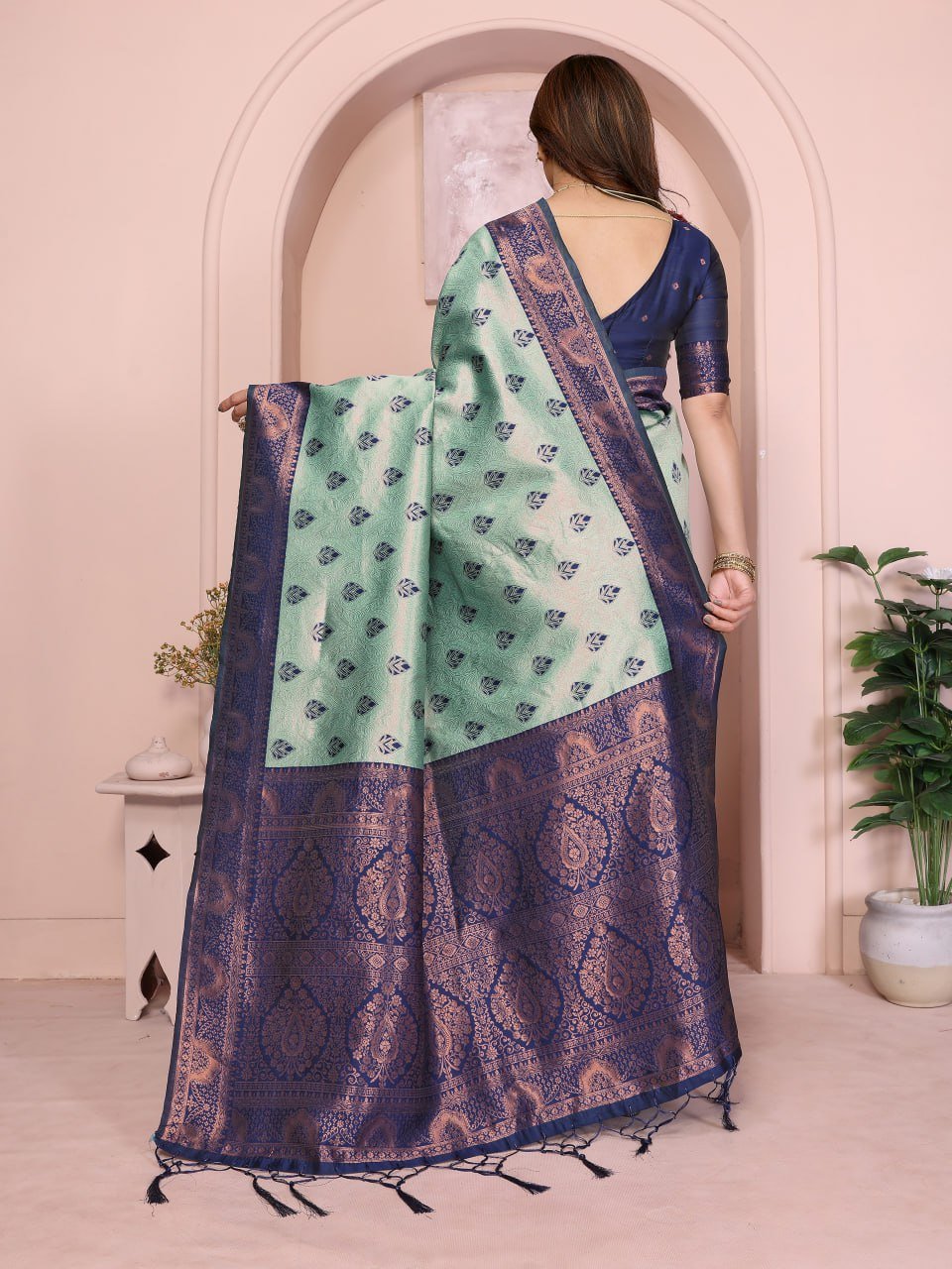 Sea Green Banarasi Soft Silk Jacquard Border Saree