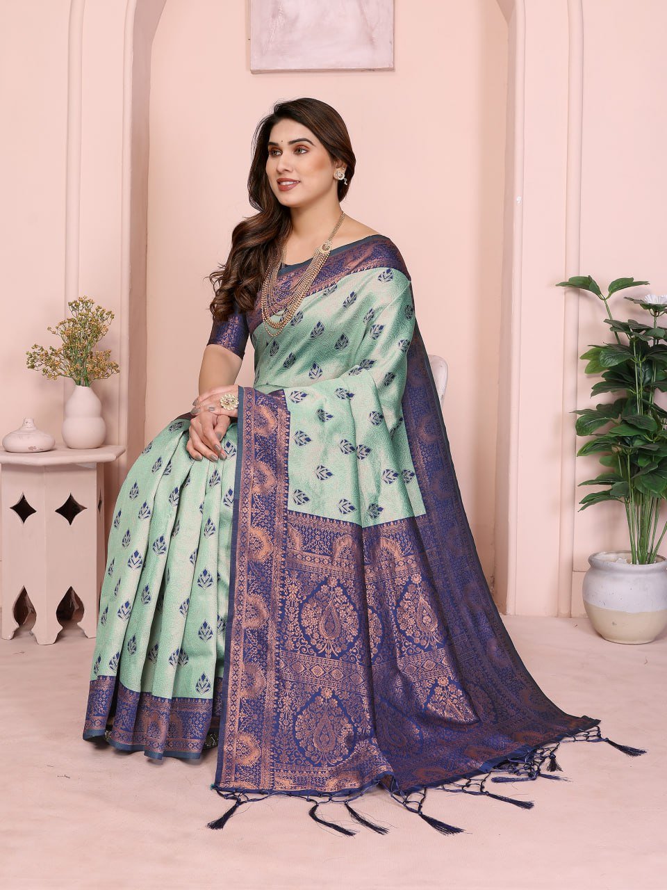 Sea Green Banarasi Soft Silk Jacquard Border Saree
