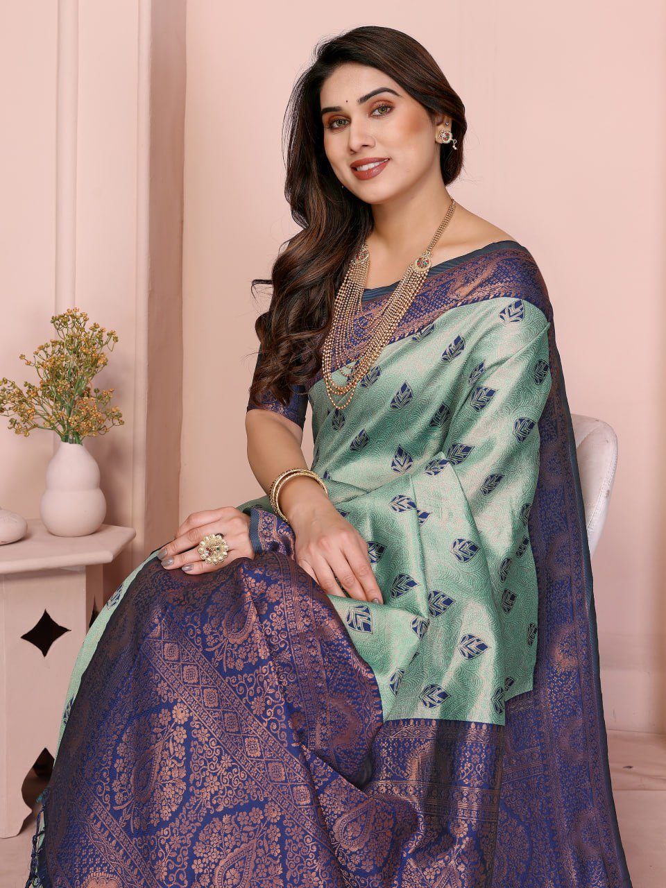 Sea Green Banarasi Soft Silk Jacquard Border Saree