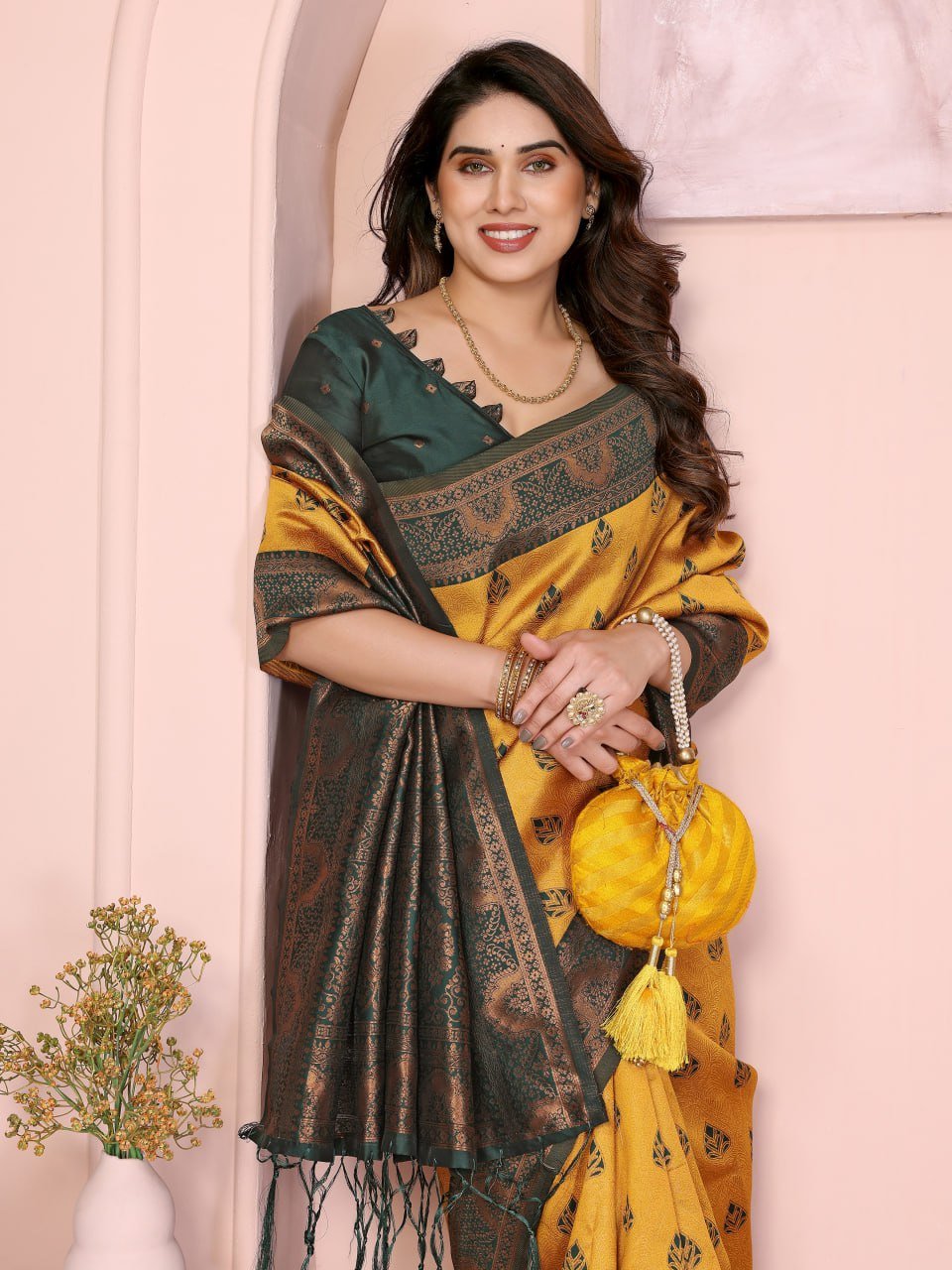 Yellow Banarasi Silk Saree – Jacquard Border, Zari Festive Indian Wear