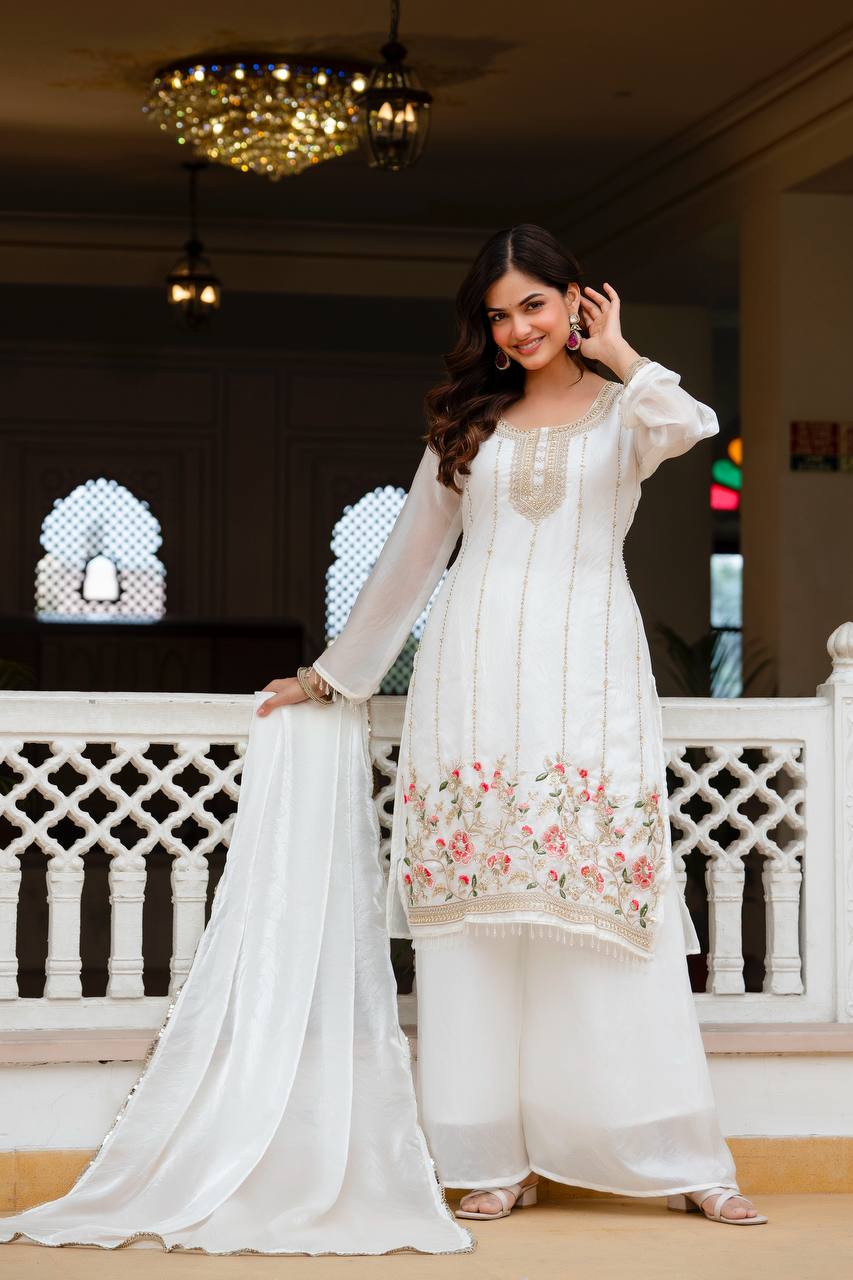 White Fandi Silk Heavy Beads Work Kurti Set
