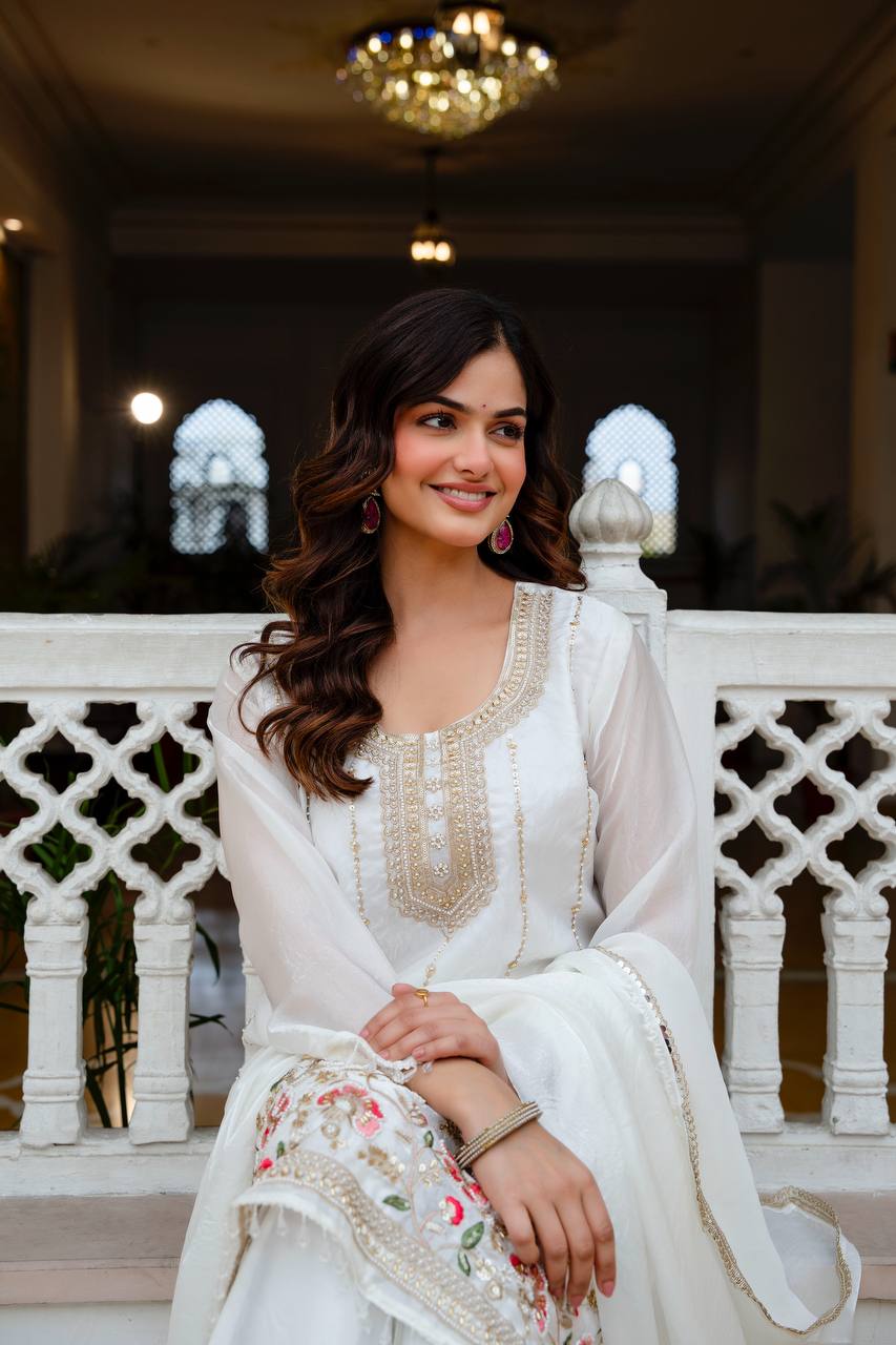 White Fandi Silk Heavy Beads Work Kurti Set