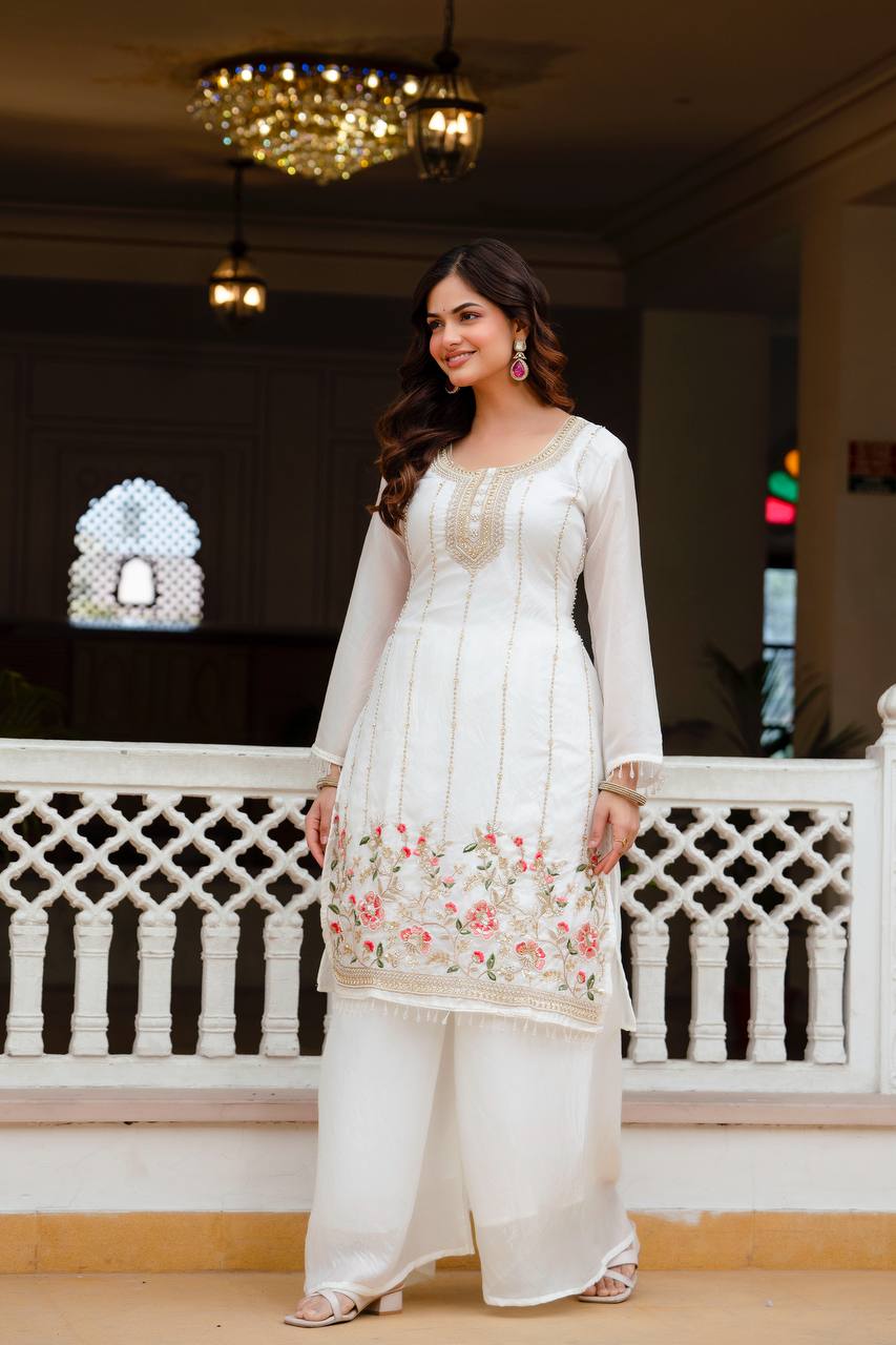 White Fandi Silk Heavy Beads Work Kurti Set