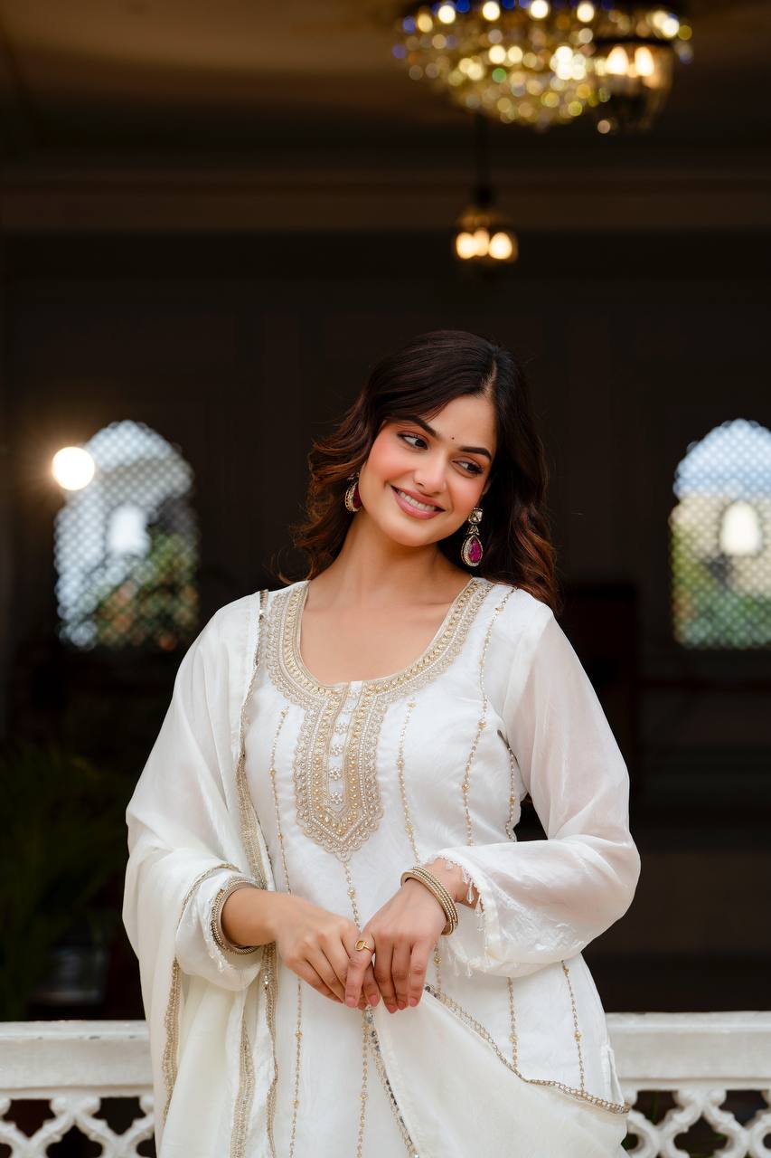 White Fandi Silk Heavy Beads Work Kurti Set