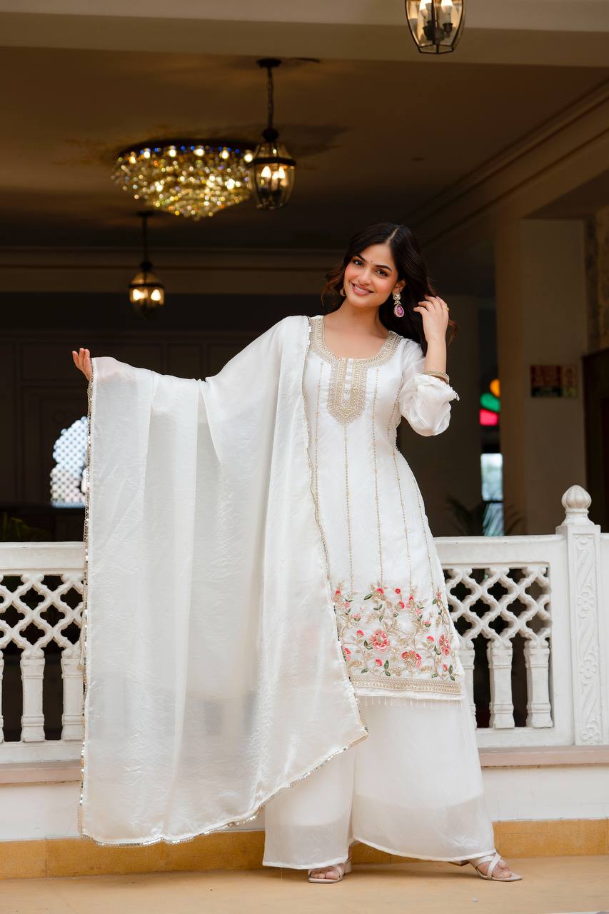 White Fandi Silk Heavy Beads Work Kurti Set