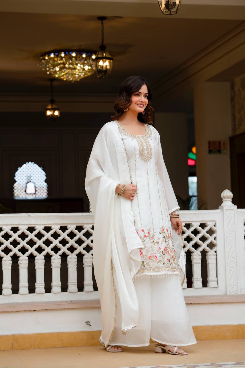 White Fandi Silk Heavy Beads Work Kurti Set