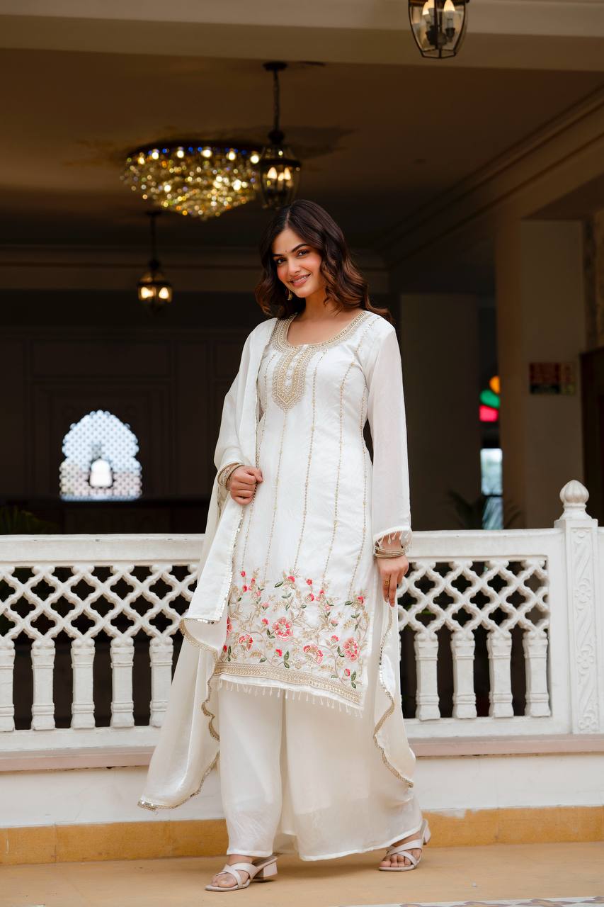 White Fandi Silk Heavy Beads Work Kurti Set