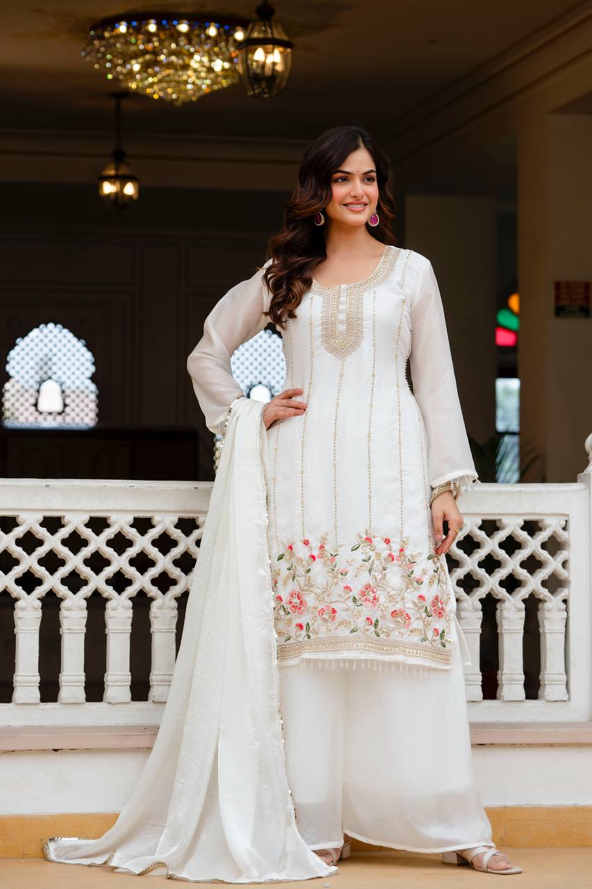 White Fandi Silk Heavy Beads Work Kurti Set