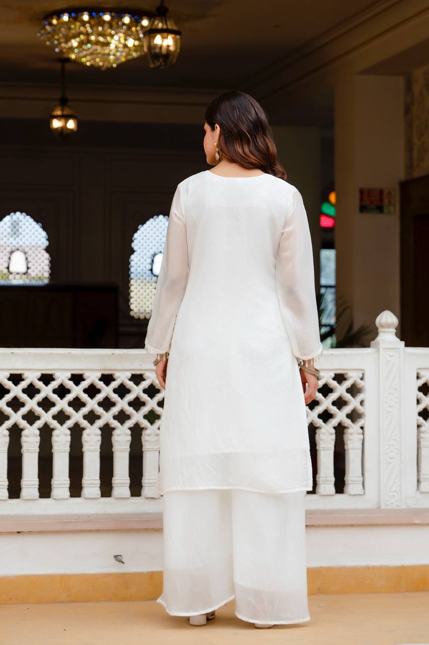 White Fandi Silk Heavy Beads Work Kurti Set