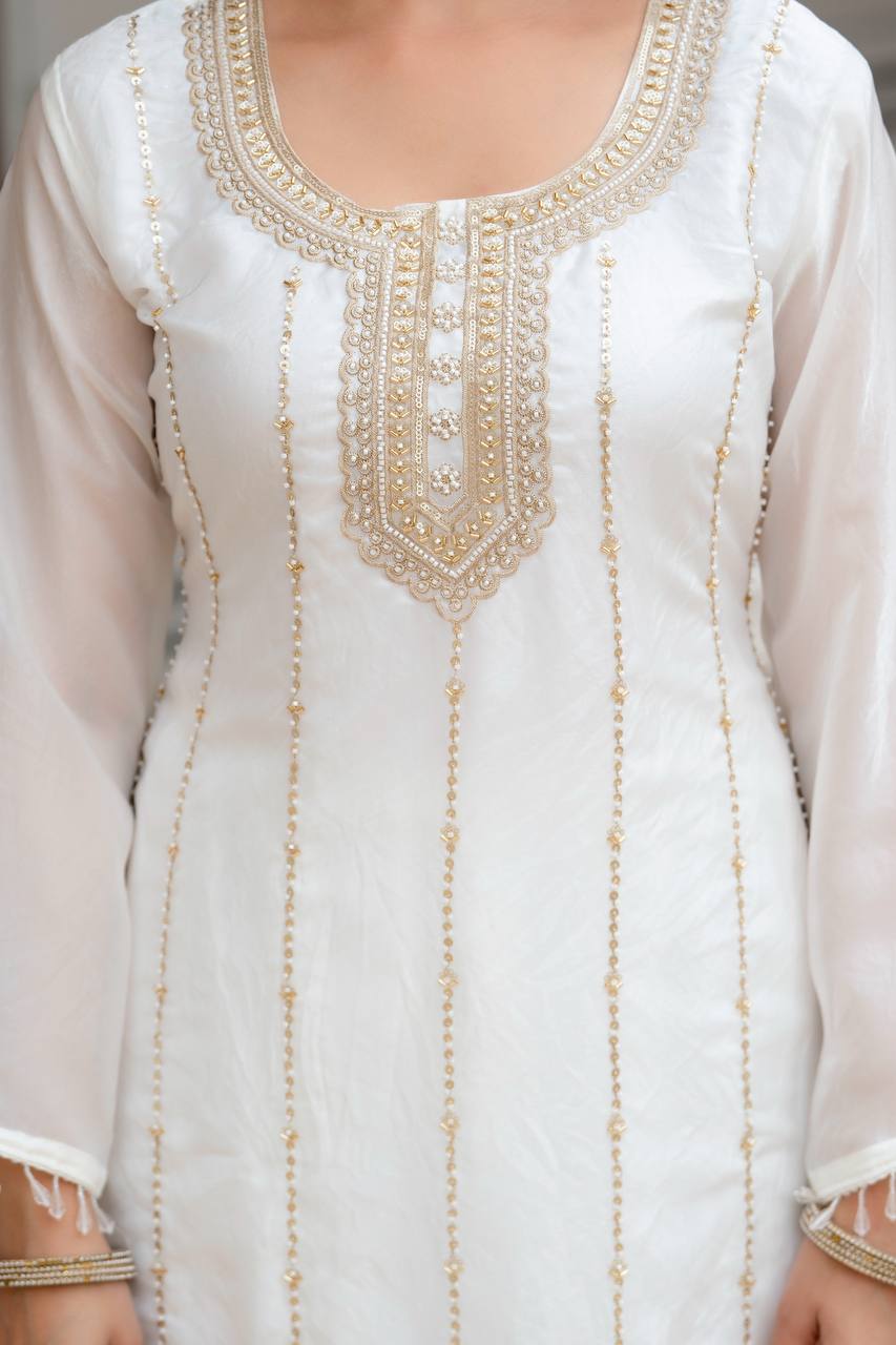 White Fandi Silk Heavy Beads Work Kurti Set