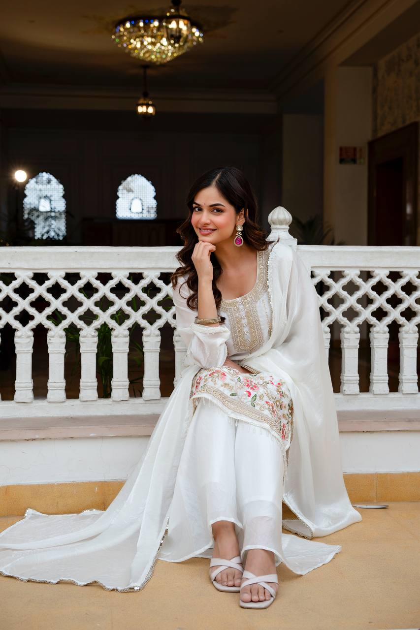 White Fandi Silk Heavy Beads Work Kurti Set