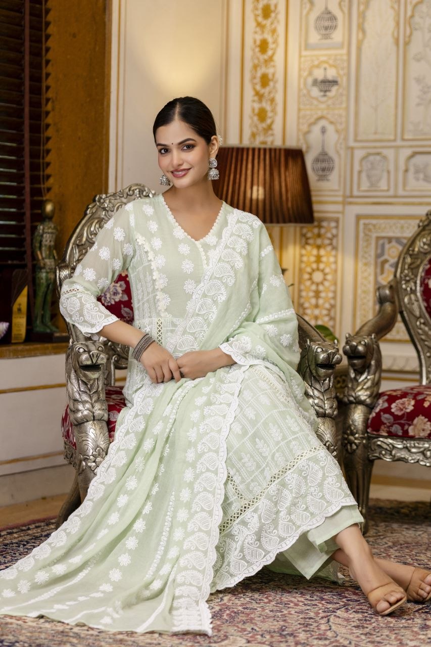 Pista Pure Mal Cotton Lakhnowi Work Kurti Set