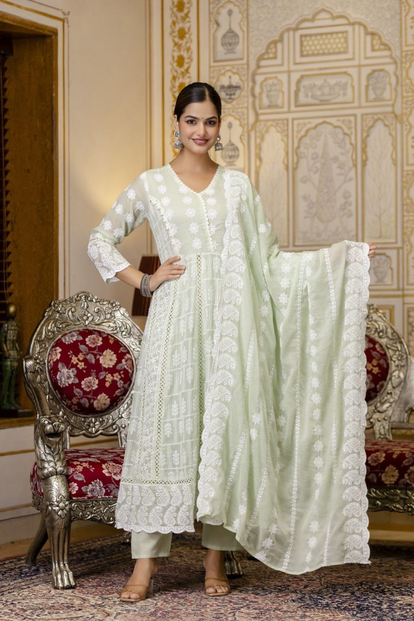 Pista Pure Mal Cotton Lakhnowi Work Kurti Set