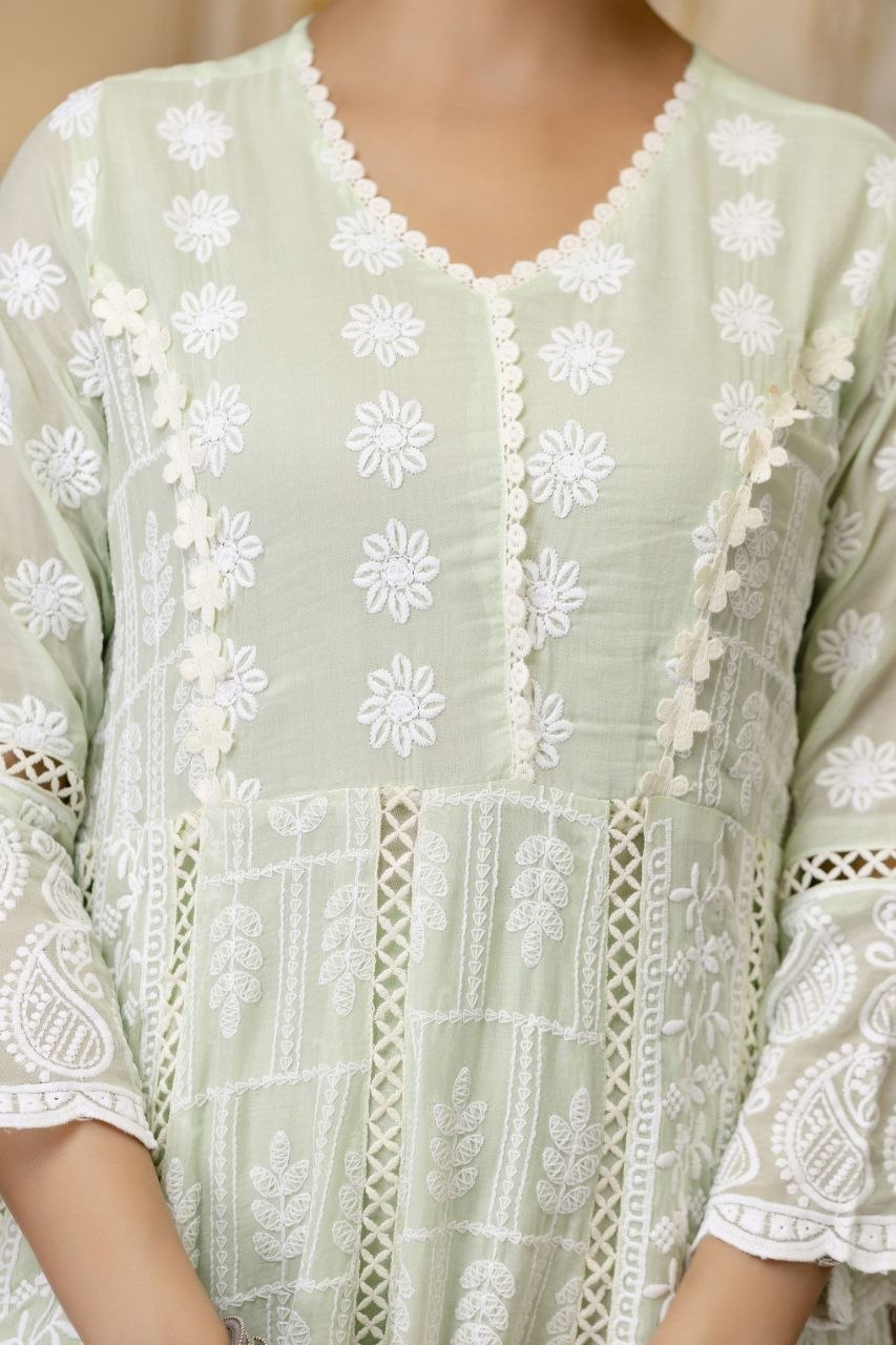 Pista Pure Mal Cotton Lakhnowi Work Kurti Set
