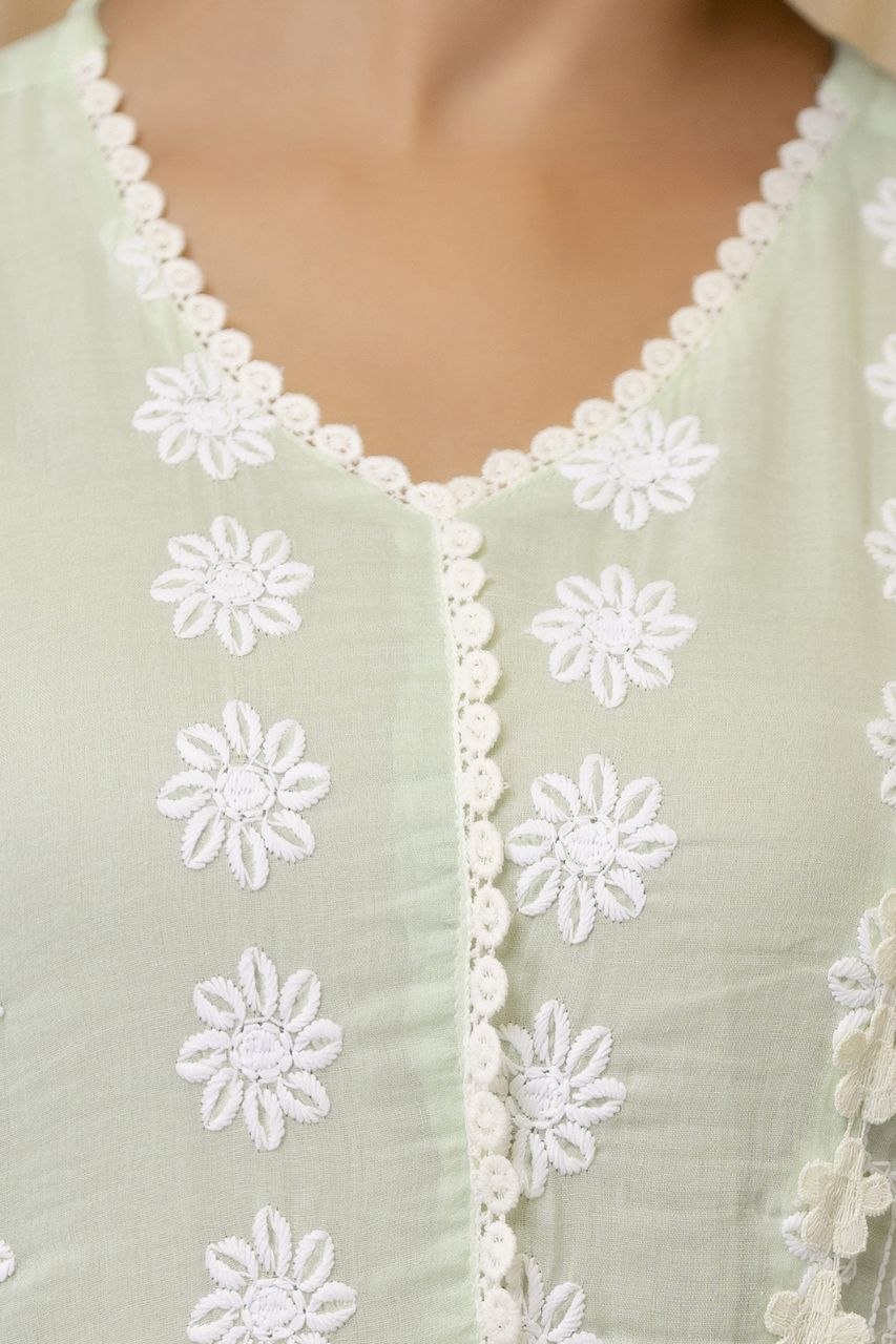 Pista Pure Mal Cotton Lakhnowi Work Kurti Set