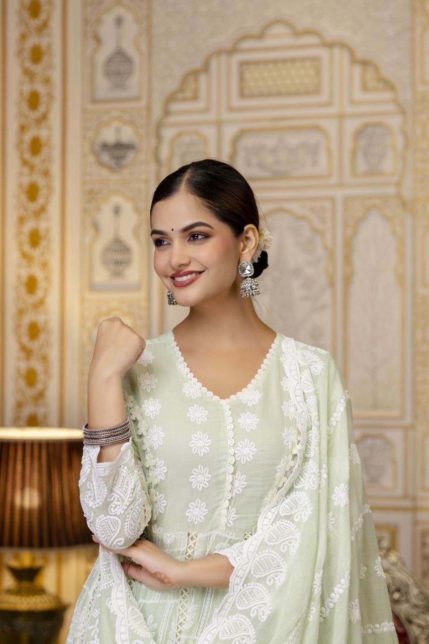 Pista Pure Mal Cotton Lakhnowi Work Kurti Set