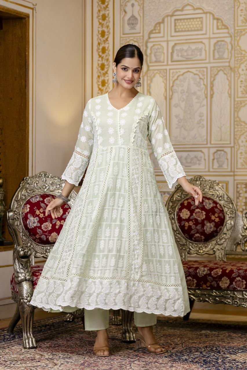 Pista Pure Mal Cotton Lakhnowi Work Kurti Set