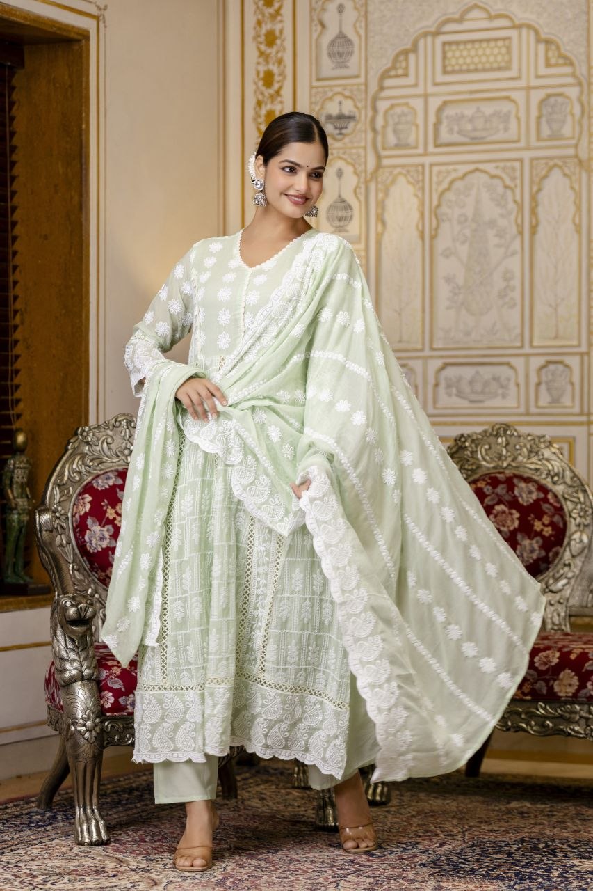 Pista Pure Mal Cotton Lakhnowi Work Kurti Set