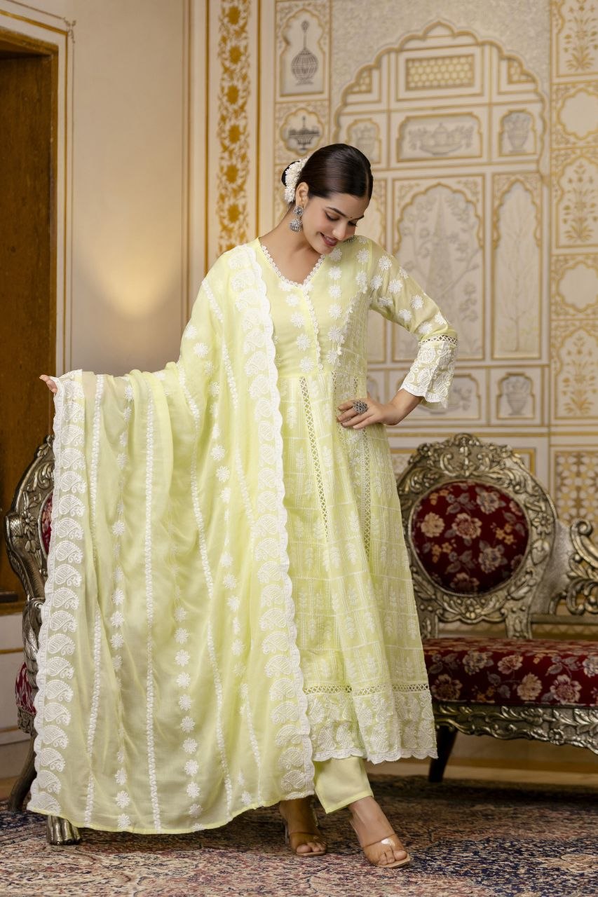 Lemon Yellow Pure Mal Cotton Lakhnowi Work Kurti Set