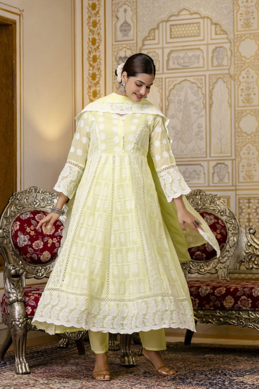 Lemon Yellow Pure Mal Cotton Lakhnowi Work Kurti Set