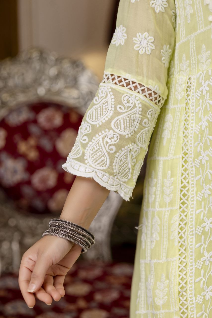 Lemon Yellow Pure Mal Cotton Lakhnowi Work Kurti Set