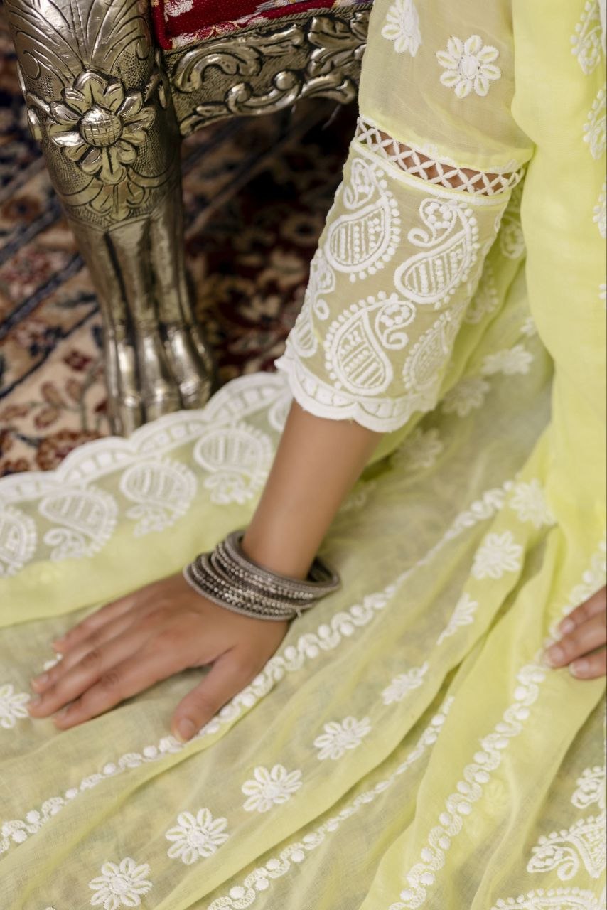 Lemon Yellow Pure Mal Cotton Lakhnowi Work Kurti Set