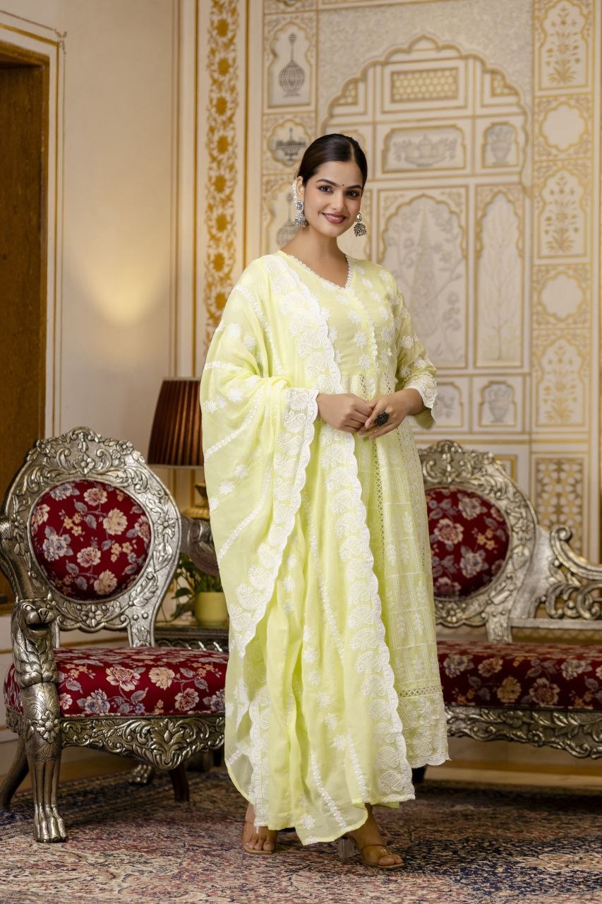 Lemon Yellow Pure Mal Cotton Lakhnowi Work Kurti Set