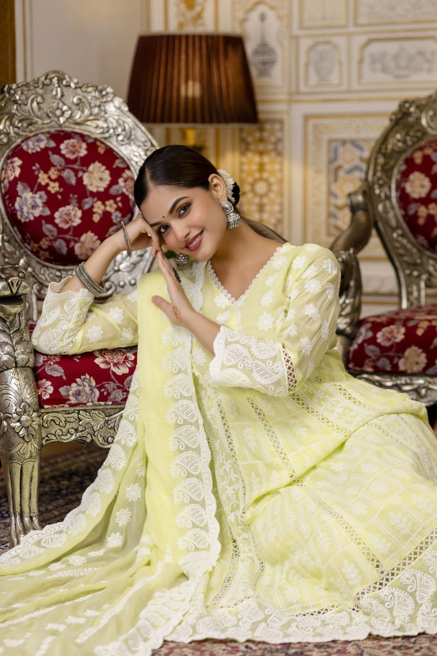 Lemon Yellow Pure Mal Cotton Lakhnowi Work Kurti Set