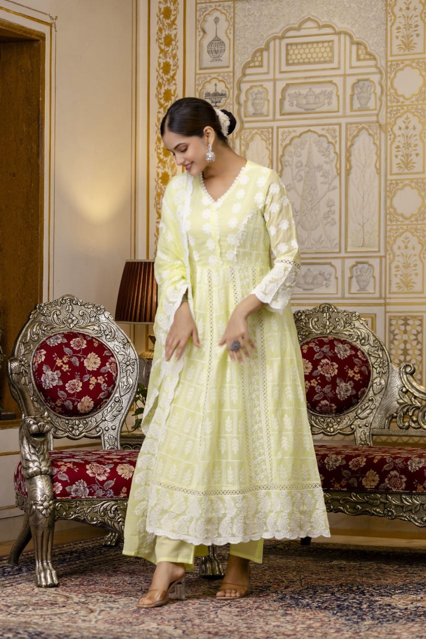 Lemon Yellow Pure Mal Cotton Lakhnowi Work Kurti Set