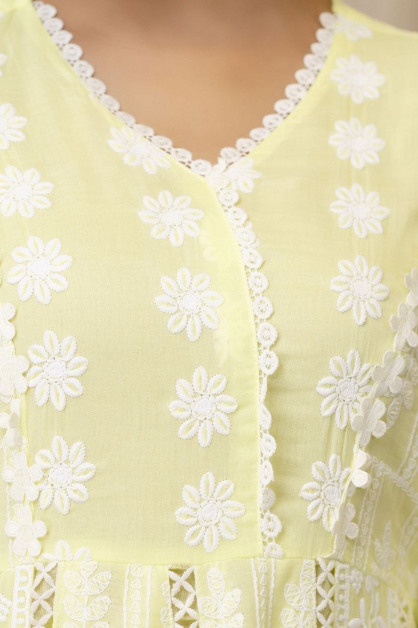 Lemon Yellow Pure Mal Cotton Lakhnowi Work Kurti Set