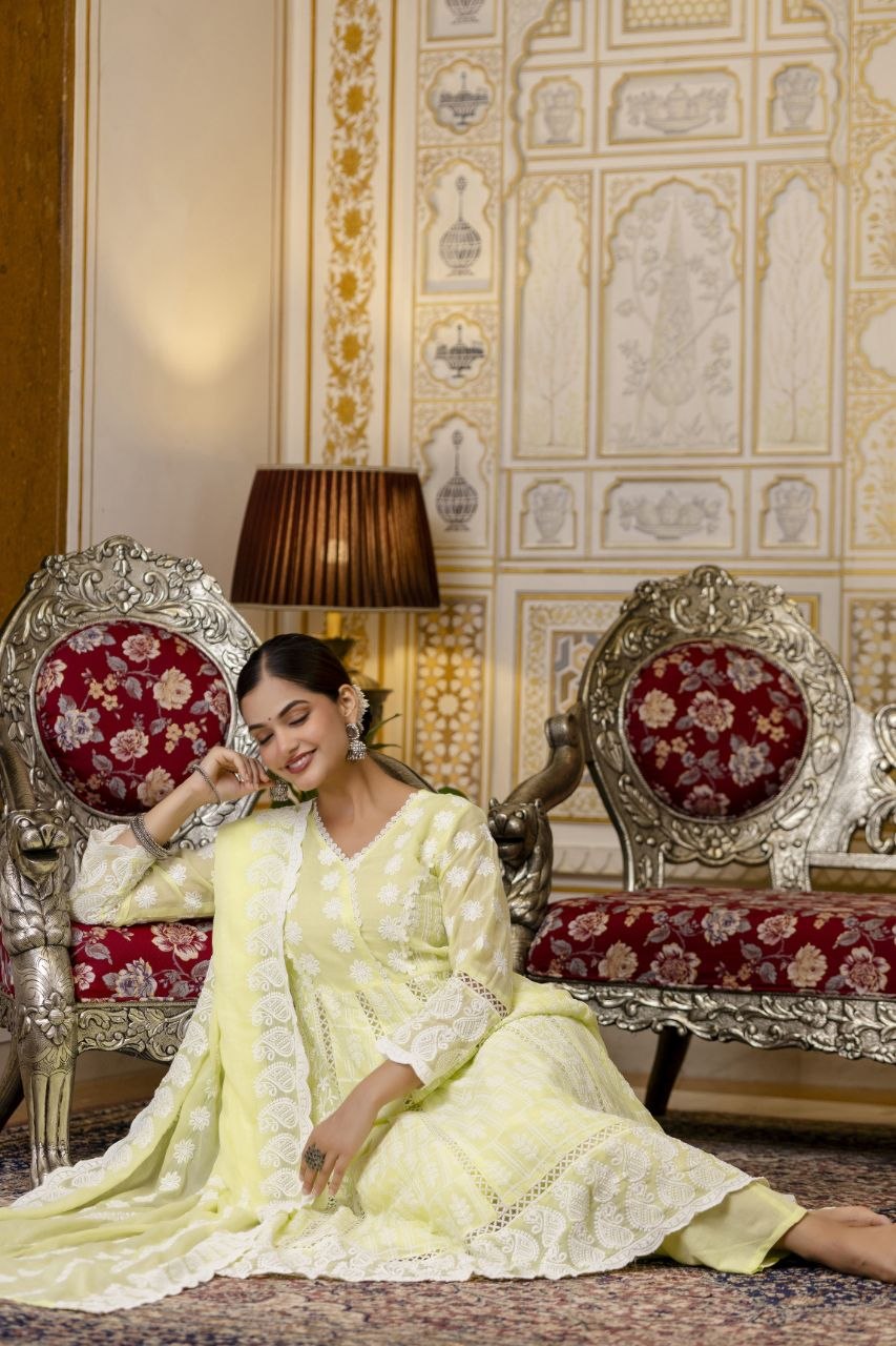 Lemon Yellow Pure Mal Cotton Lakhnowi Work Kurti Set