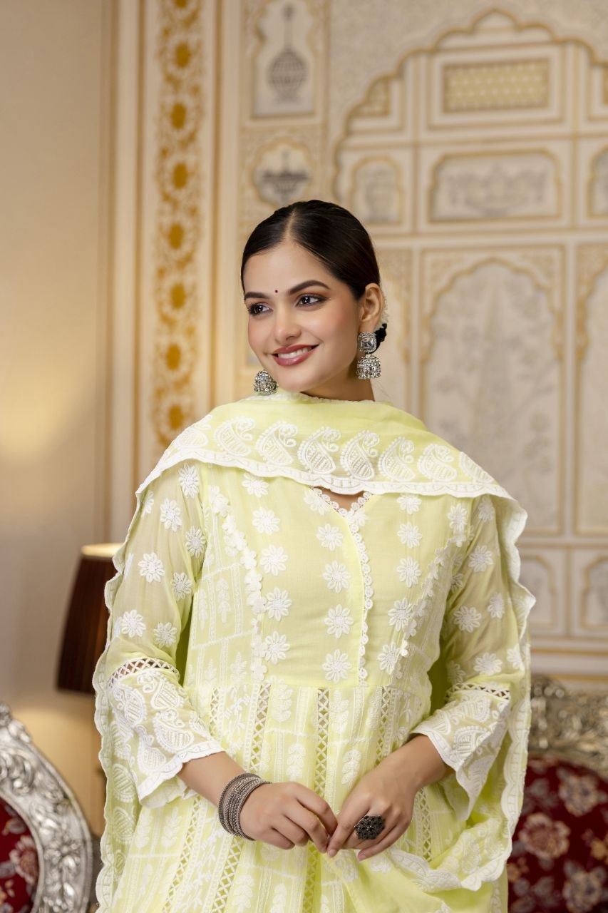 Lemon Yellow Pure Mal Cotton Lakhnowi Work Kurti Set