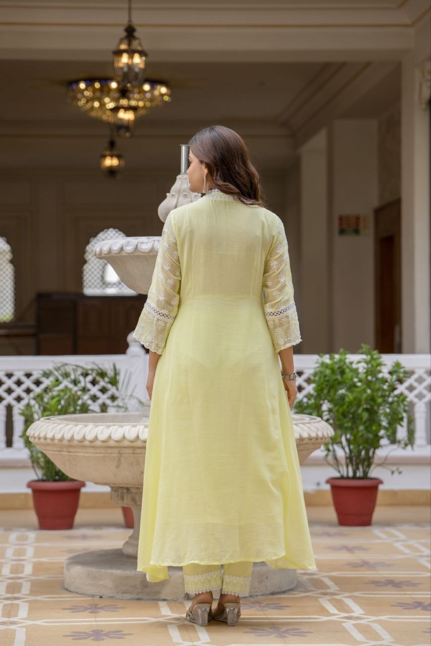 Lemon Yellow Pure Mal Cotton Lakhnowi Work Kurti Set