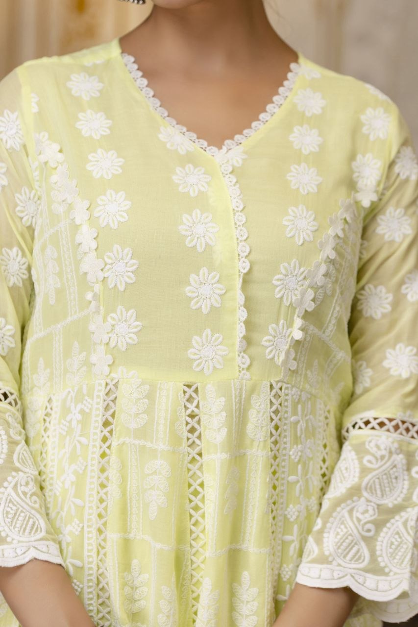 Lemon Yellow Pure Mal Cotton Lakhnowi Work Kurti Set