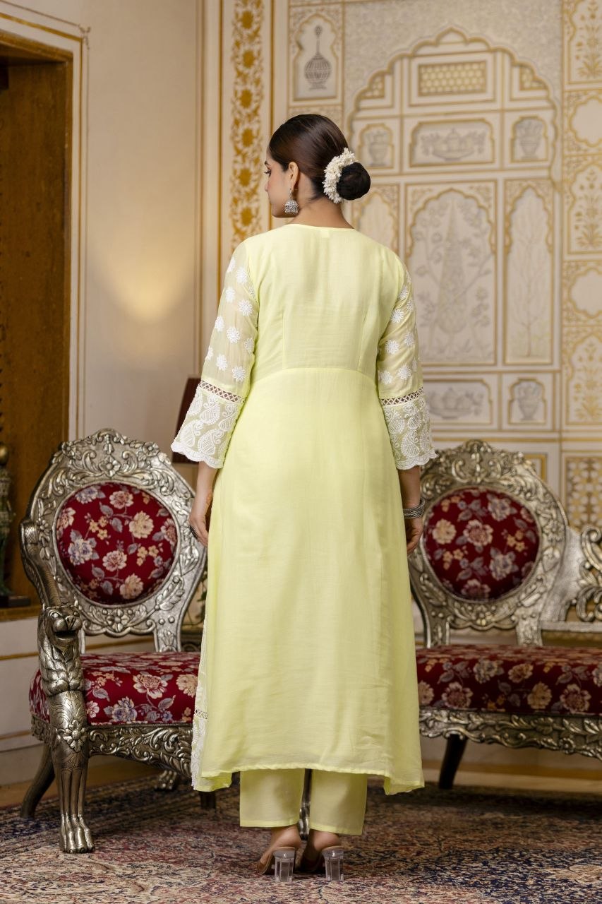 Lemon Yellow Pure Mal Cotton Lakhnowi Work Kurti Set