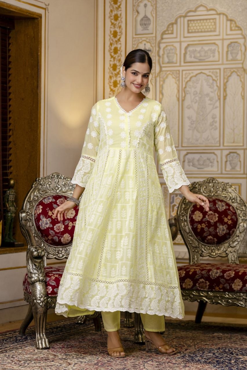 Lemon Yellow Pure Mal Cotton Lakhnowi Work Kurti Set