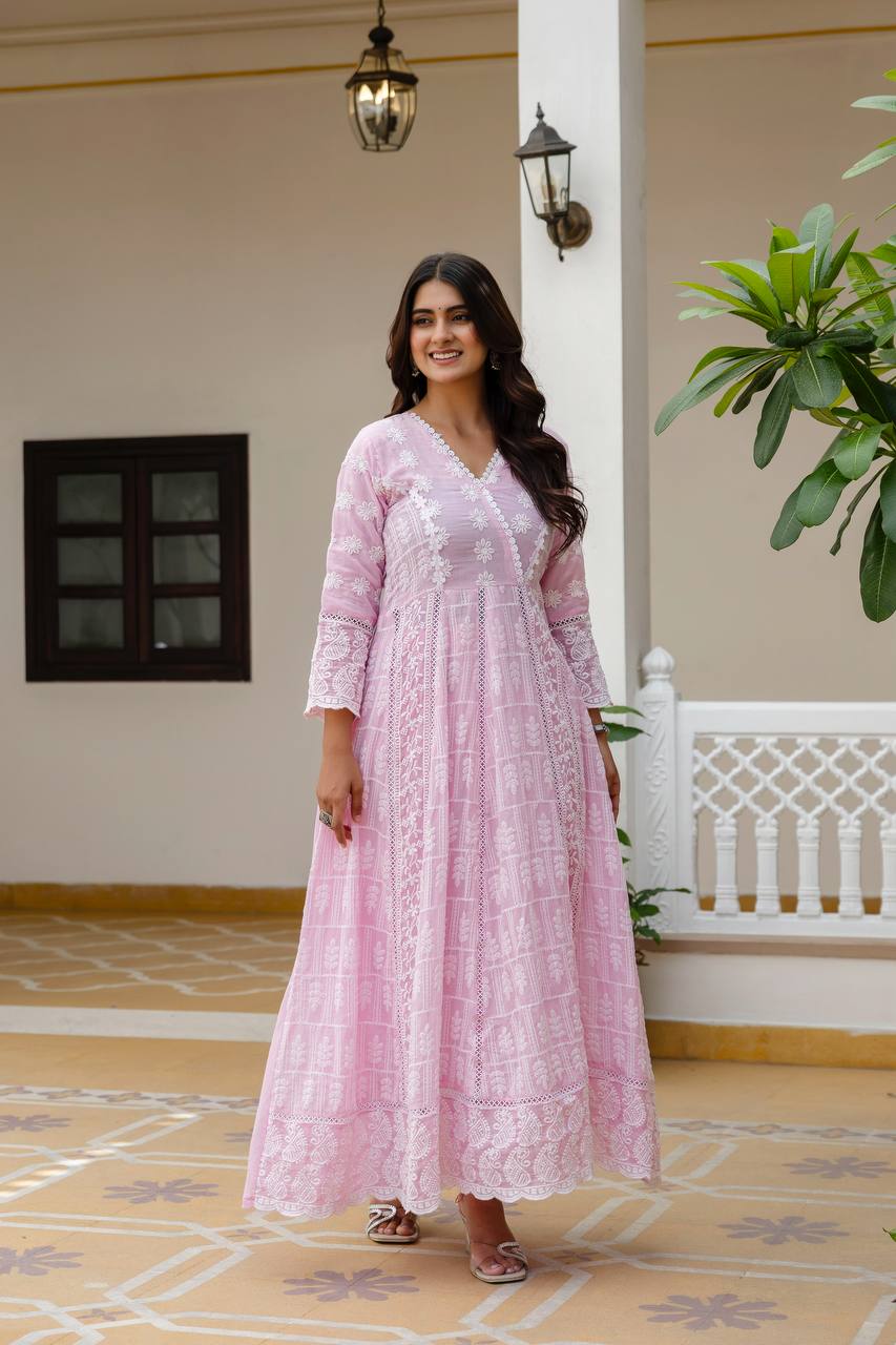 Baby Pink Pure Mal Cotton Lakhnowi Work Kurti Set
