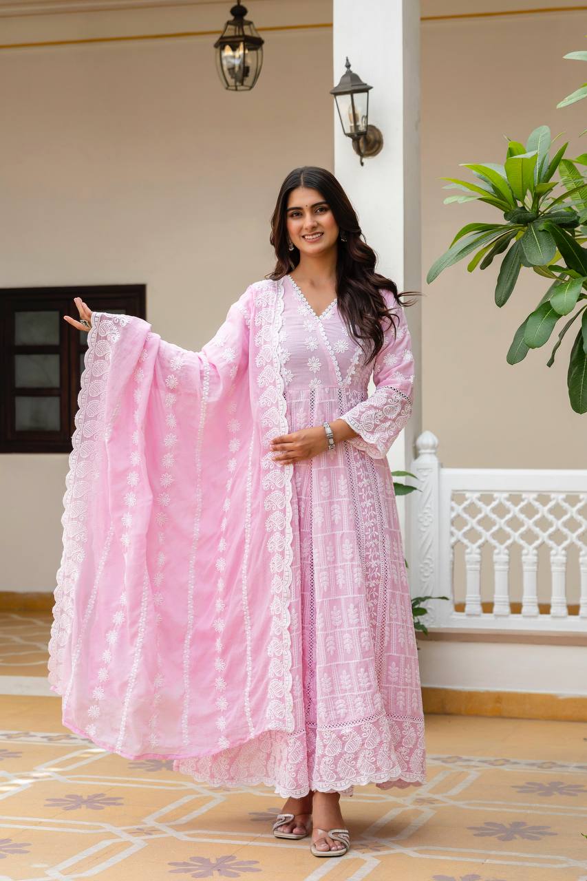 Baby Pink Pure Mal Cotton Lakhnowi Work Kurti Set