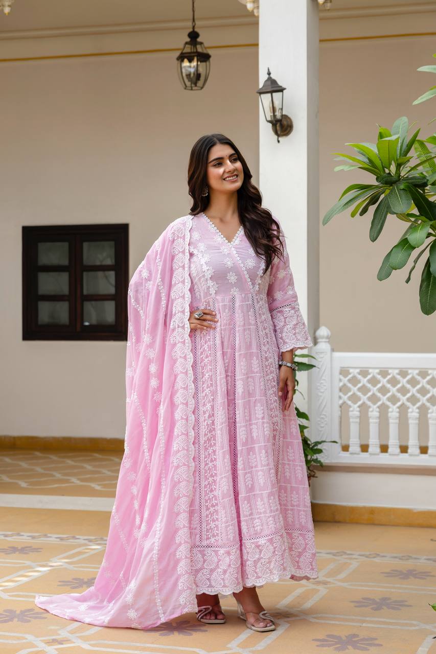 Baby Pink Pure Mal Cotton Lakhnowi Work Kurti Set