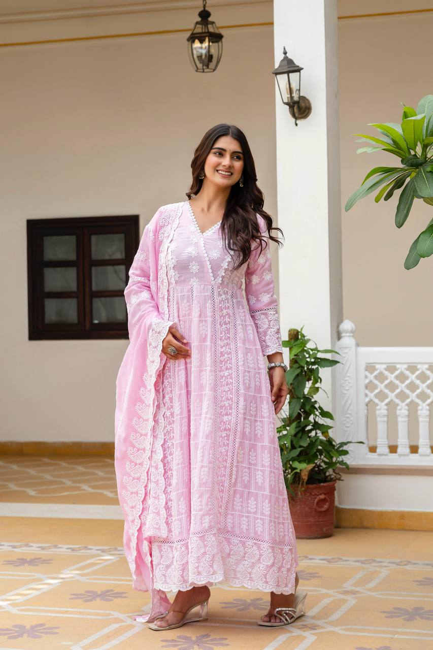 Baby Pink Pure Mal Cotton Lakhnowi Work Kurti Set
