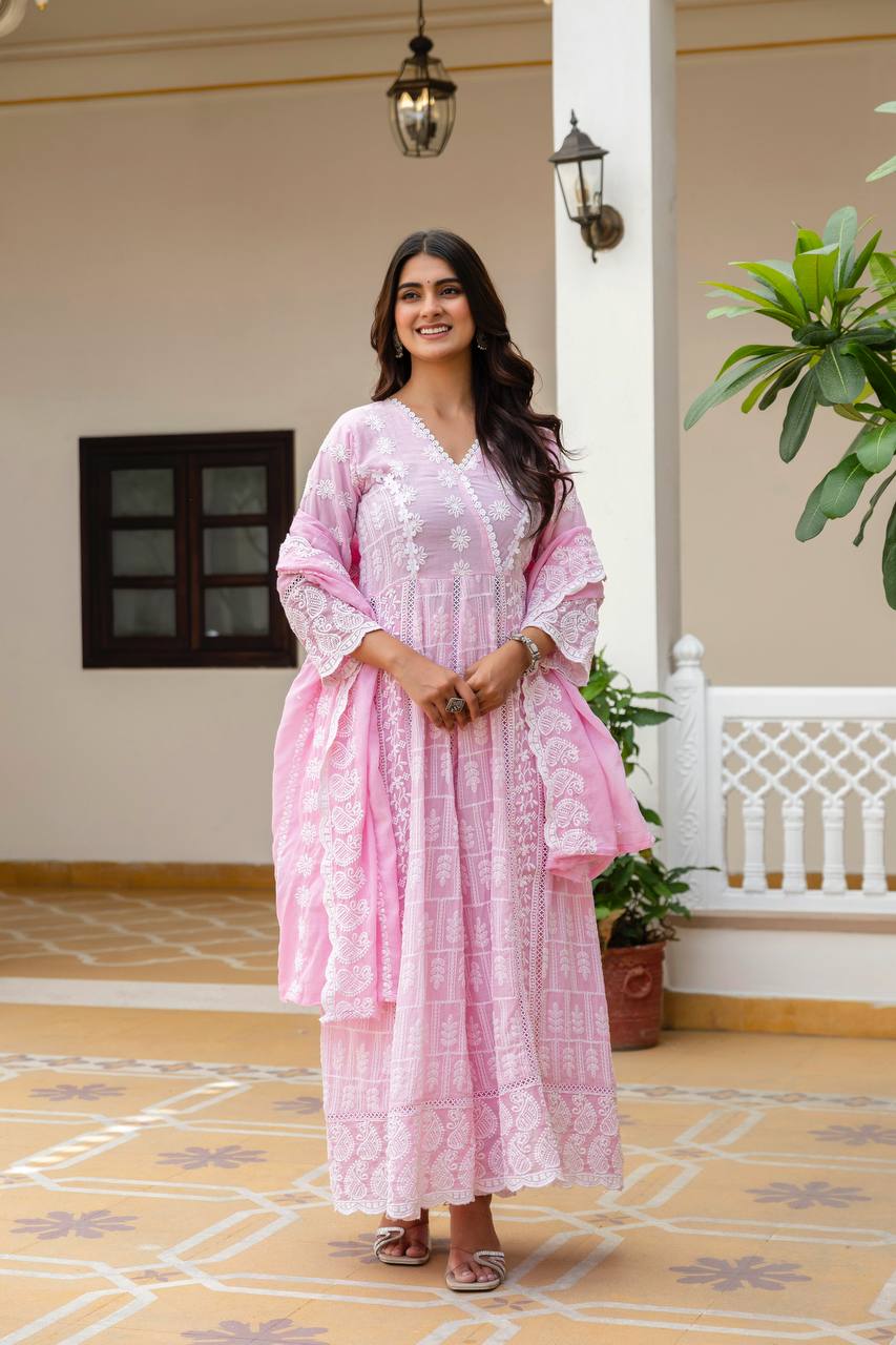 Baby Pink Pure Mal Cotton Lakhnowi Work Kurti Set
